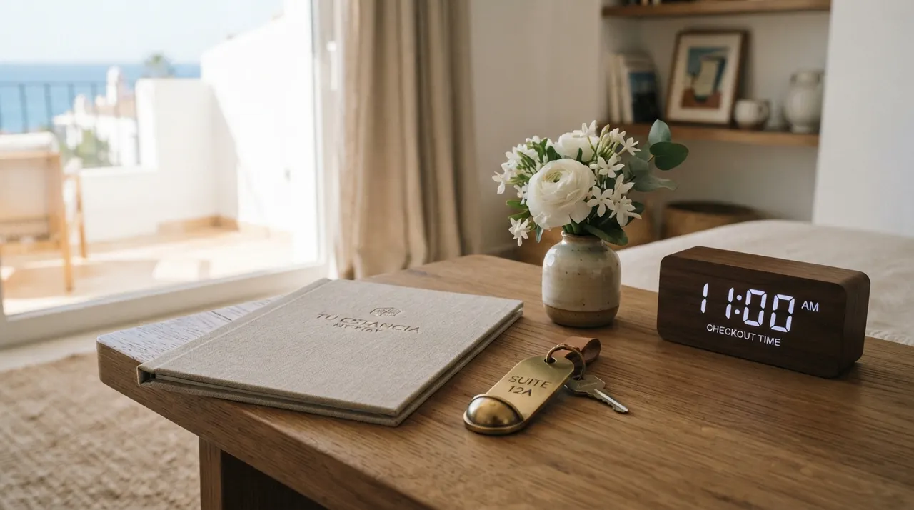 Un libro de bienvenida y una llave sobre una mesa, junto a una ventana luminosa